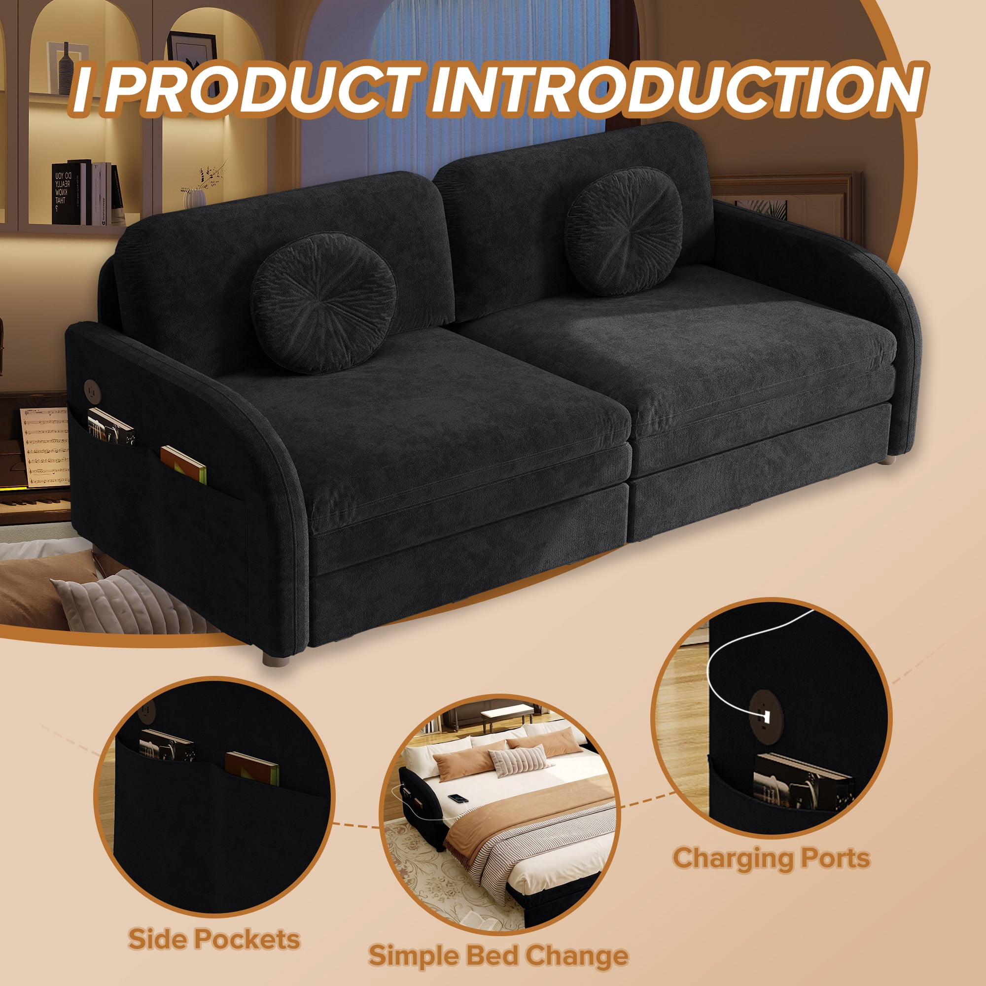 LLappuil Queen Size Pull Out Sofa Bed, Compact Loveseat Sofa Covertible Sofa Bed with USB Port, Side Pocket , Chenille Sofa Couch for Living Room Black