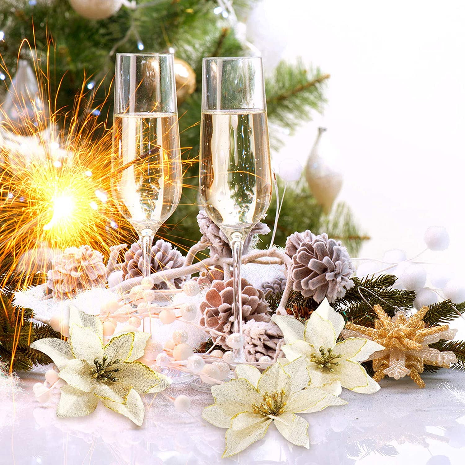 6PCS Glitter Christmas Artificial Flowers Christmas Poinsettia Decor Christmas Tree Wreaths Ornaments for Christmas Home Wedding Party