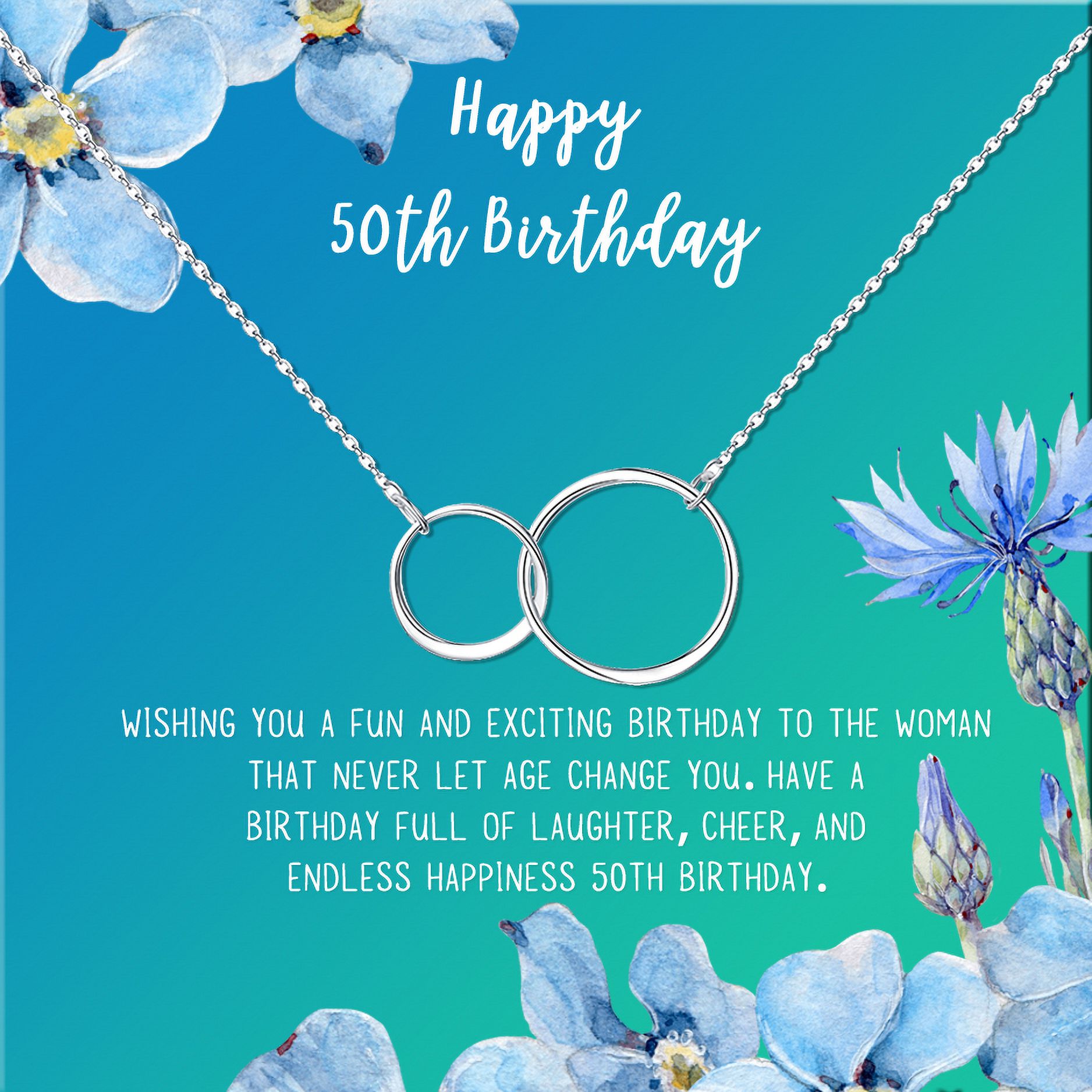 Anavia Happy 50st Birthday Gifts Stainless Steel Fashion Necklace Birthday Card Jewelry Gift for Her, Birthday Gift for Grandma-[Silver Infinity Double Ring, Bright Blue Gift Card]