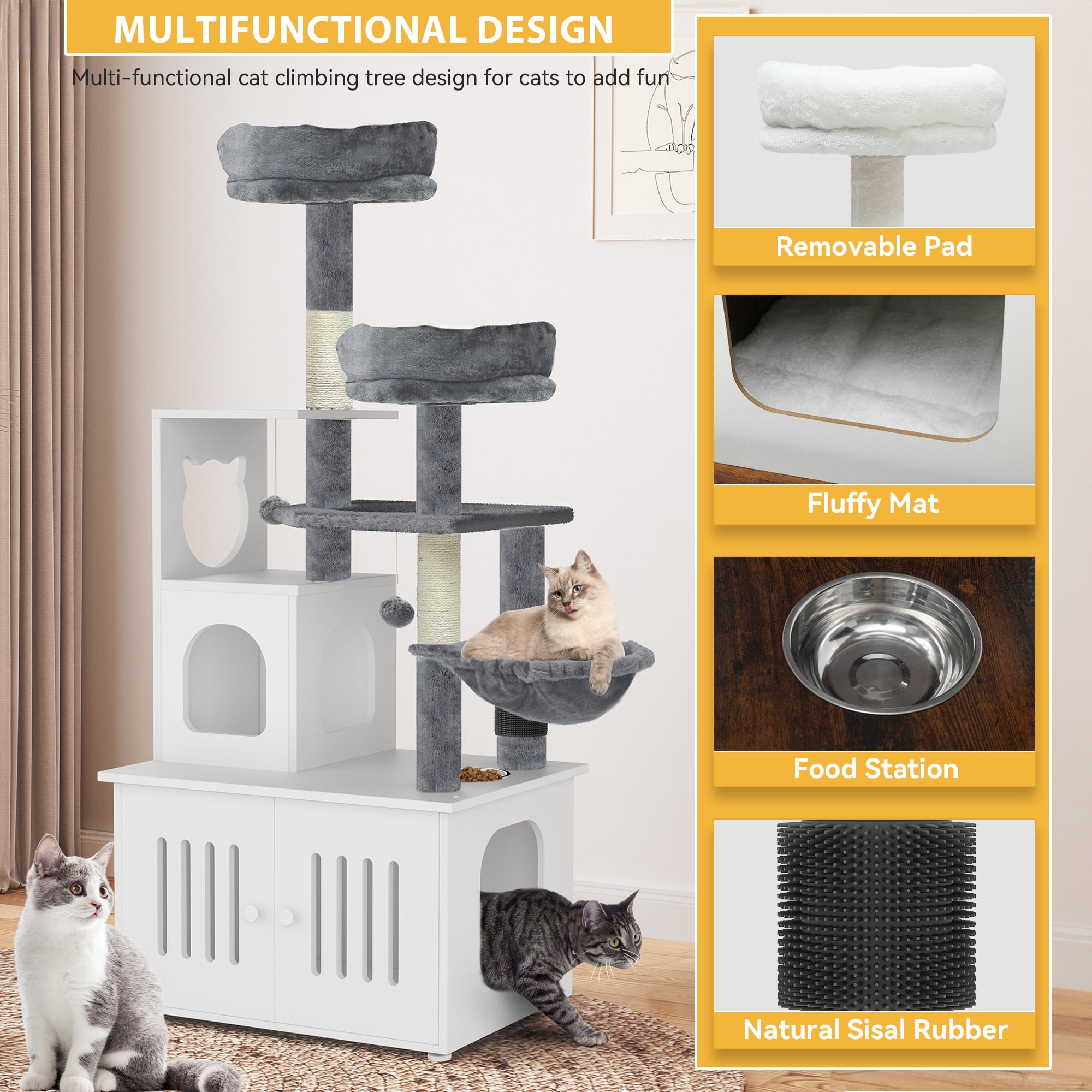 Dextrus 2-in-1 Cat Furniture Condo, 59" Cat Tree Multi-Functional Cat Tower with Litter Box Enclosure, Wood House, Scratching Post, Feeding Station, Hammocks & Brush - White