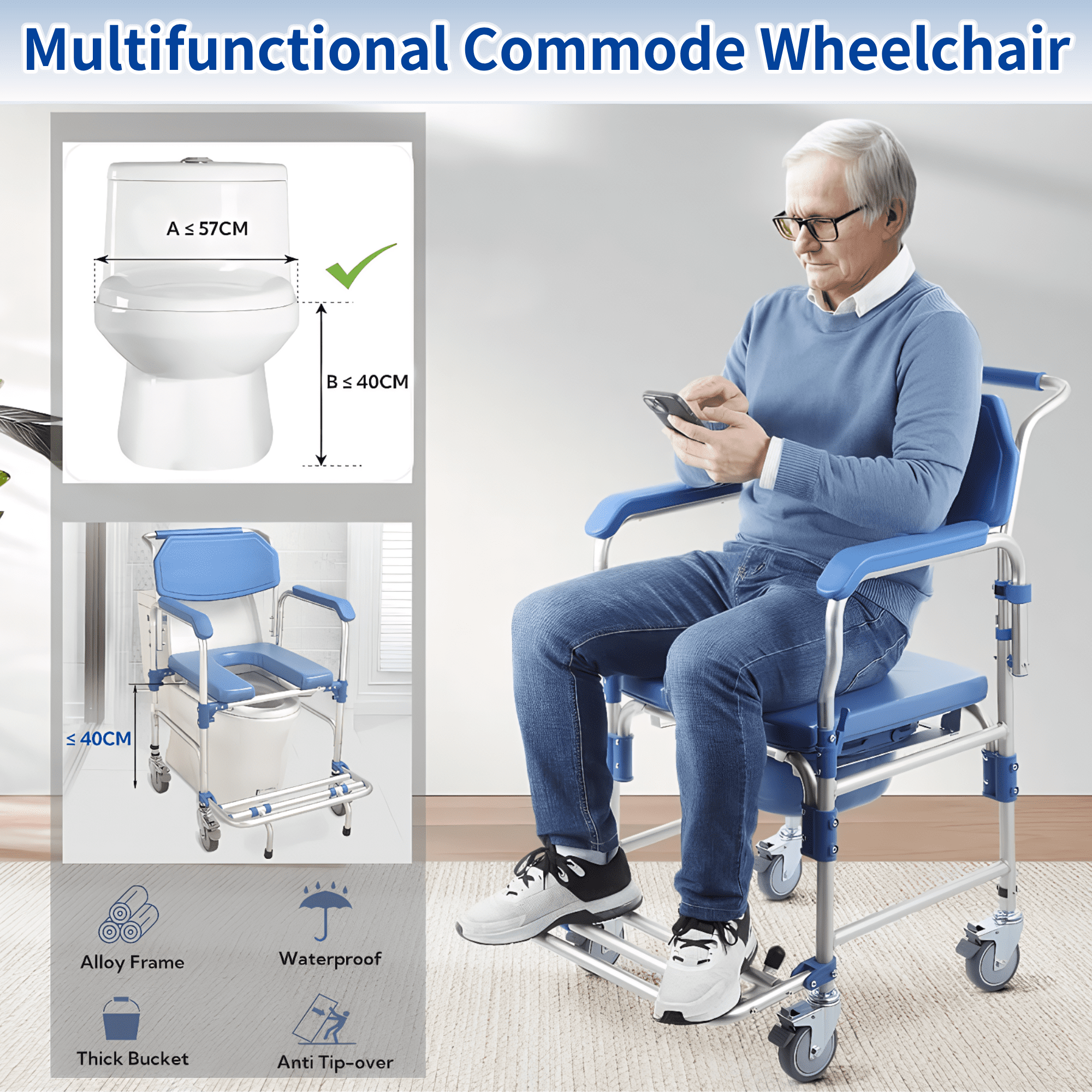 Qunbio Rolling Shower Chair, 330 lbs Load Bedside Commode w/Casters and Padded Seat, Rolling Transport Chair Lockable Wheelchair Bedside Toilet Seat