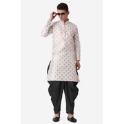 Royal Kurta Elegant Cream Jacquard Silk Printed Long Kurta and Black Salwar for Men