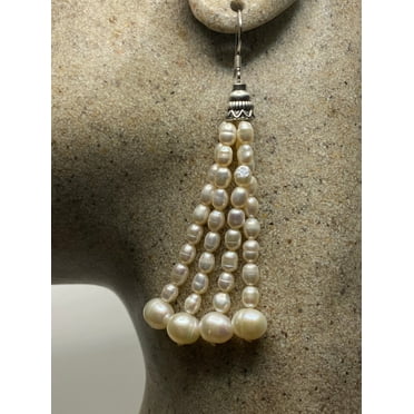 Vintage Pearl Tassel Earrings Real Freshwater Pearl 925 Sterling Silver Dangle Chandelier