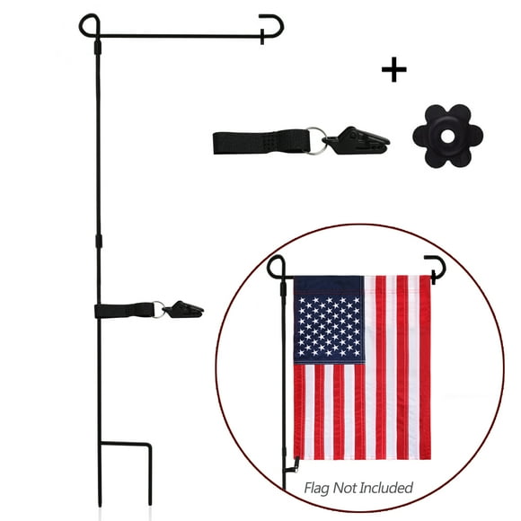 Anley Garden Flag Stand - Upgraded Version Reinforced Wrought Iron Garden Flag Pole Holder - Weather Resistant & Easy Assemble & Black Matte Coating - FREE Flag Stopper & Alligator Clip - H37" x W14"