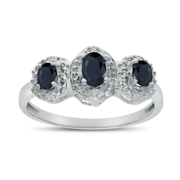 10k White Gold Oval Sapphire And Diamond Three Stone Ring