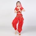 thumbnail image 5 of Kids Girls Belly Dance Halter Top Pants Costume Set Sequin Indian Dance Outfit with Head Veil Waist Chain and Bracelets, 5 of 7