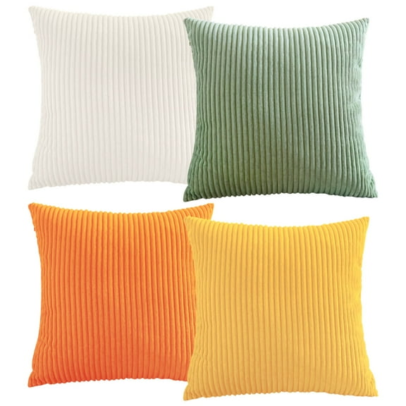 4PCS Corduroy Pillow Covers, Boho Throw Pillow Covers 18" x 18", Striped Design for Couch, Beige Orange Green Yellow, Long-lasting and Soft Fabric