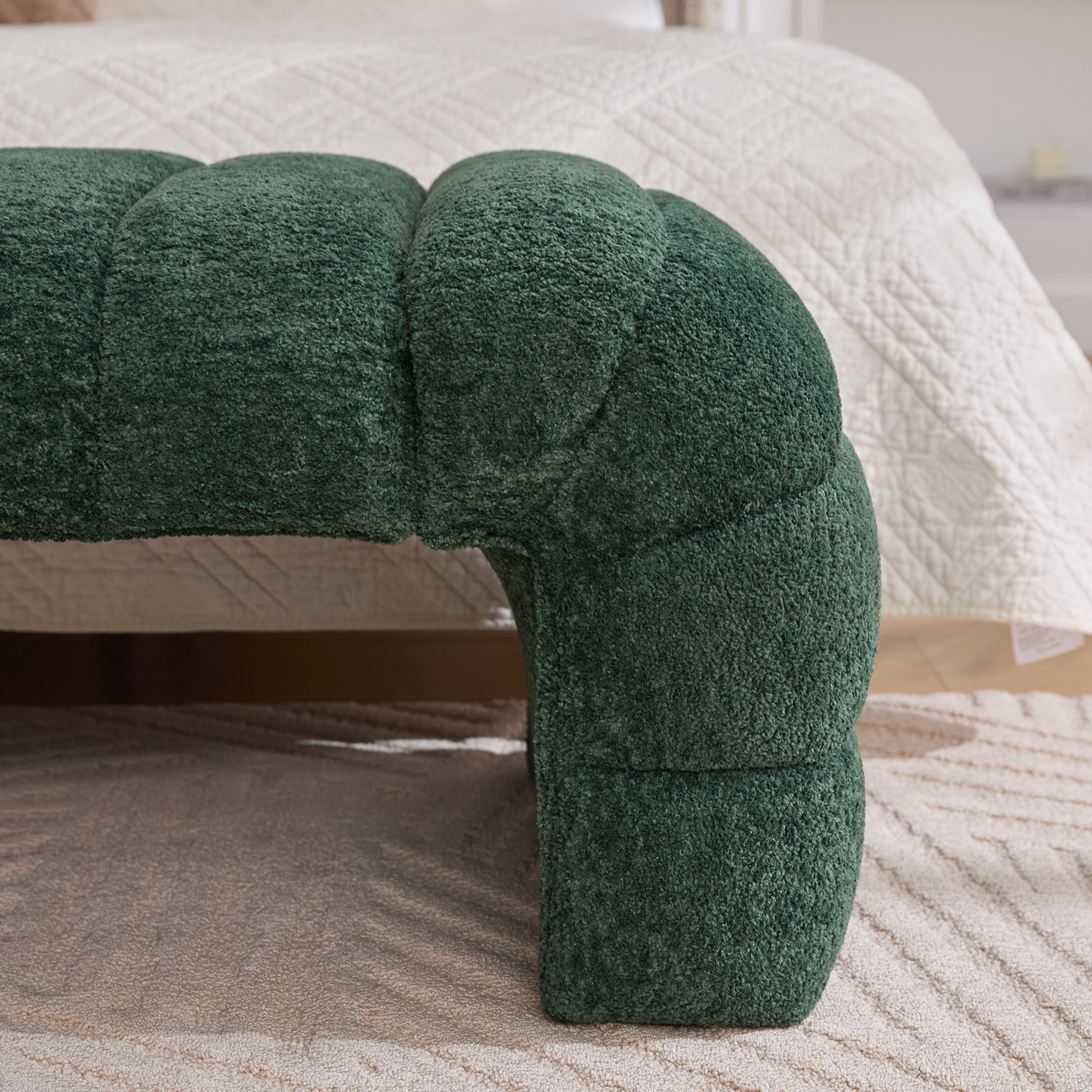 Noble House Arshore 69.7" Chenille Armless Bed Bench, Channel Tufted Daybed Chaise for Bedroom & Living Room, Green