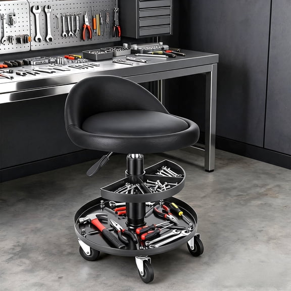 sexaoalx Rolling Shop Stool with Wheels, Garage Mechanic Stool Chair with Backrest, Height Adjustable Low Stool with Storage Tray