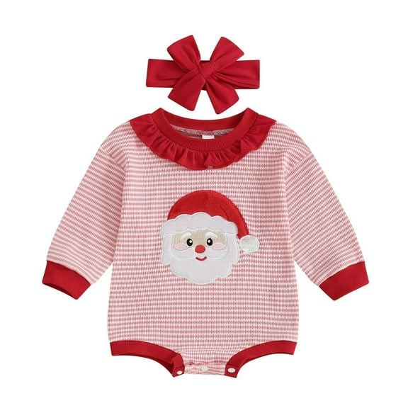 Tisuna Christmas Jumpsuit For Unisex Baby Cartoon Print Long Sleeve Crew Neck Romper Cute Casual Autumn Winter Kids Bodysuit With Headband Red Size 0-3 Months