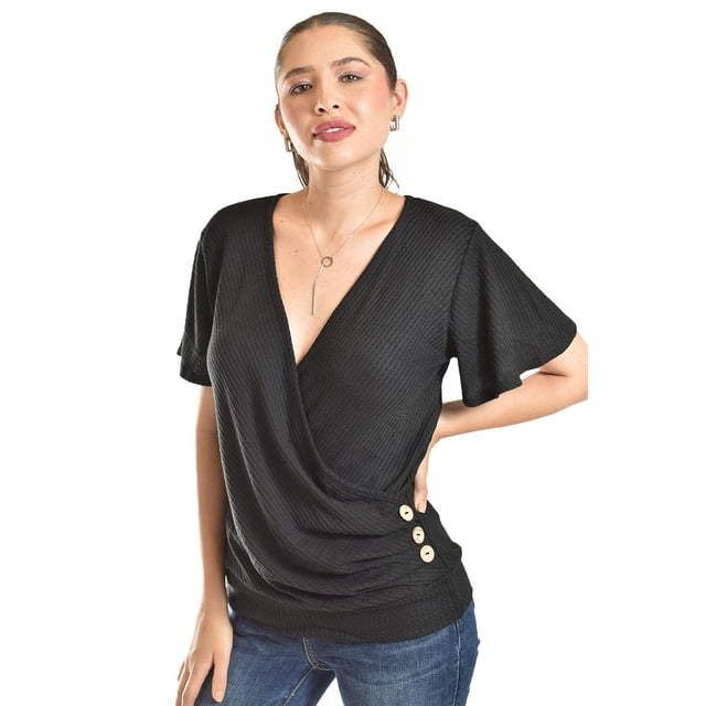 Blusa cruzada con botones Roman Fashion /Juvenil, 8074 (Negro) negro M