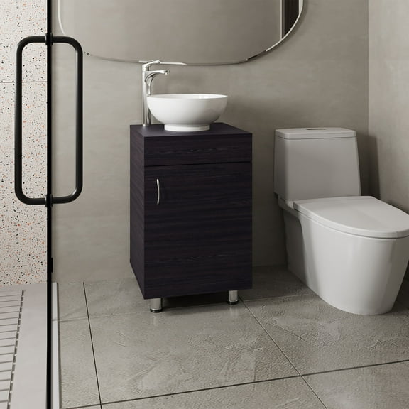 Modern Bathroom Vanity Tacna 18" Wide Free Standing One Door Vanity, With Vessel Porcelain Sink, Bathroom Storage, Black,Wooden Bathroom Vanity