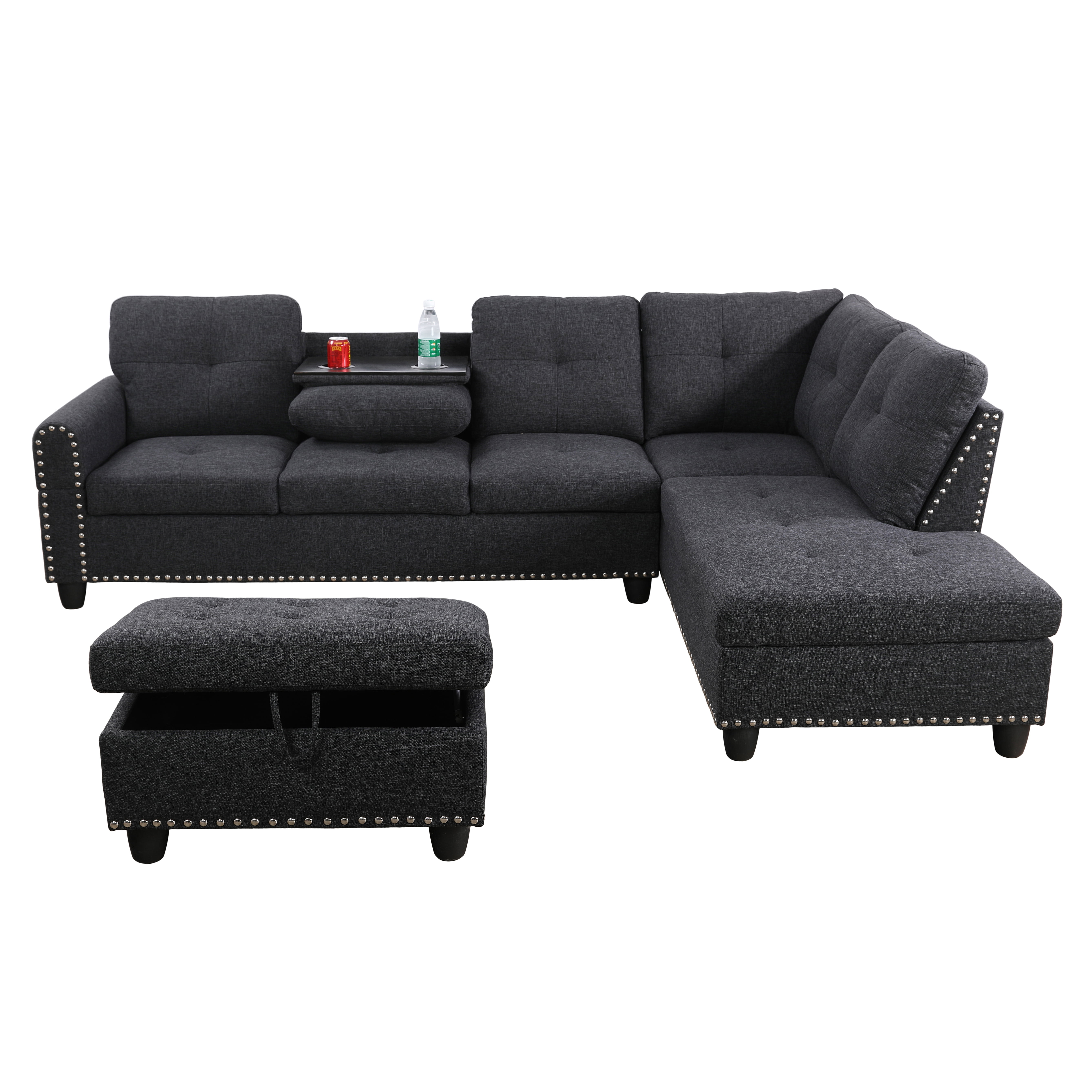 L-Shaped Modular Sectional Sofa with Ottoman Storage & Nail-Head Trim – Reversible Cup Holder Console, Multi-Functional Living Room Furniture