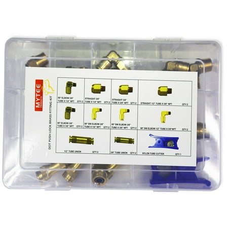 21 Piece (3/8'' - 1/2") D.O.T Air Brake Nylon Tubing Fitting Assortment Kit - Truck Parts Air Brake Line Fittings Brass Push to Connect Kit