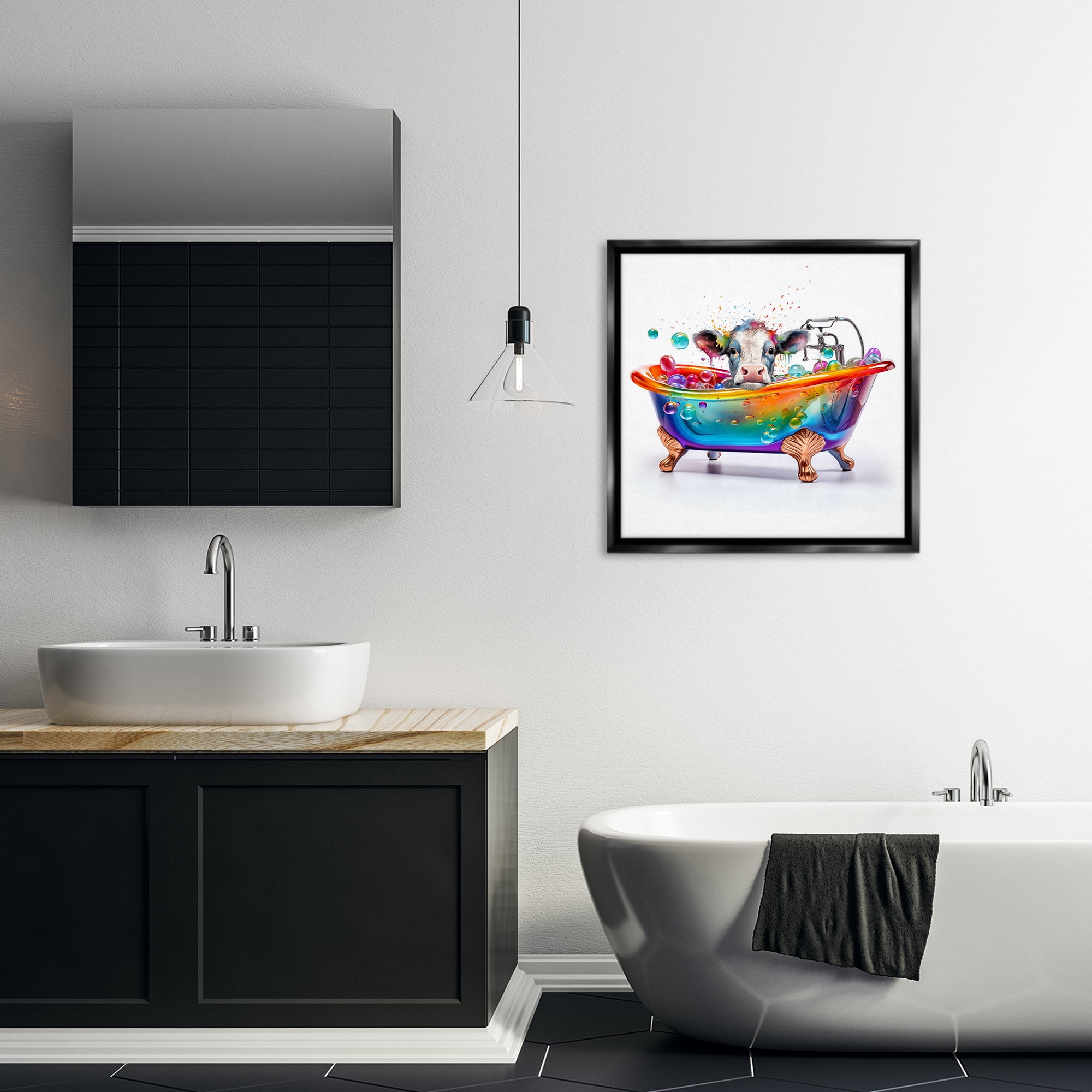 Stupell Industries Cow in Rainbow Bath Typography Painting Black Floater Framed Canvas Art Print Wall Art, 25 x 25