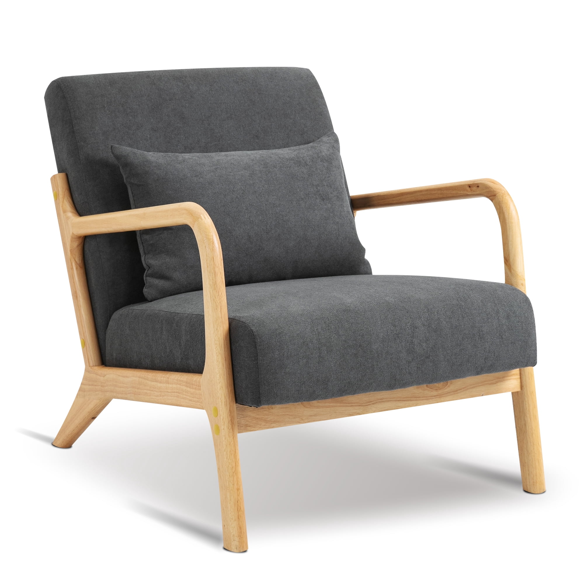Miniyam Mid Century Modern Accent Chair with Wood Frame, Upholstered Living Room Chairs with Waist Cushion, Reading Armchair,Gray