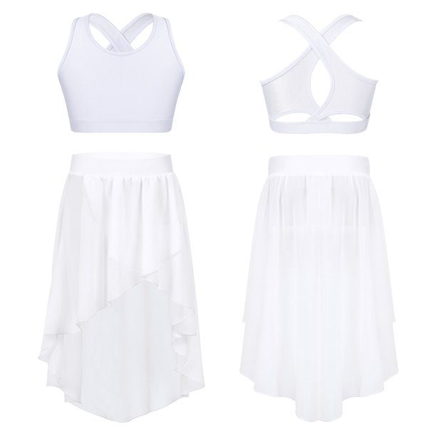 Children Girls Ballet Gymnastics Outfits Dance Class Training Performance Dancewear Sleeveless Crop Top with High-Low Skirt8 Gong Bohan LED