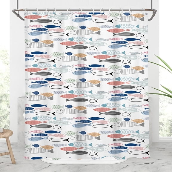Kids Fish Shower Curtain Funny Colorful Boys Girls Ocean Beach Nautical Coastal Fun Cute Toddler Sea Animal Beachy Navy Blue White Home Bathroom Decor Bathtub Set with 12 Hooks, 84x72, Cartoon