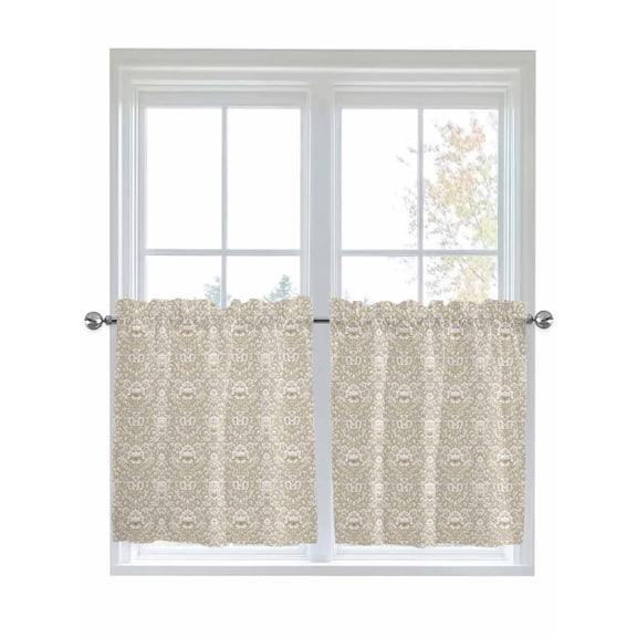 Half Window Curtain 36 Inches Long, Beige Damask Window Treatment Curtain Drapes, Vintage Country Scroll Floral Patterned Small Tier Curtains for Bathroom Over Sink, 27.5"x36", 2 Panels