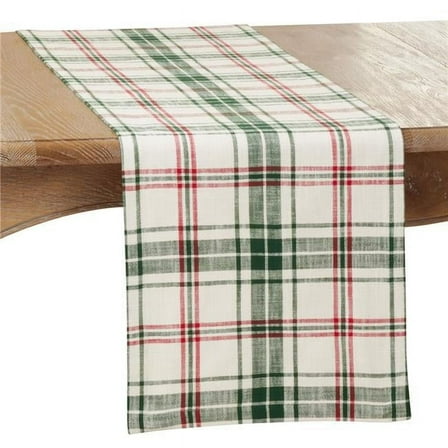 SARO  14 x 72 in. Oblong White & Green Plaid Design Table Runner