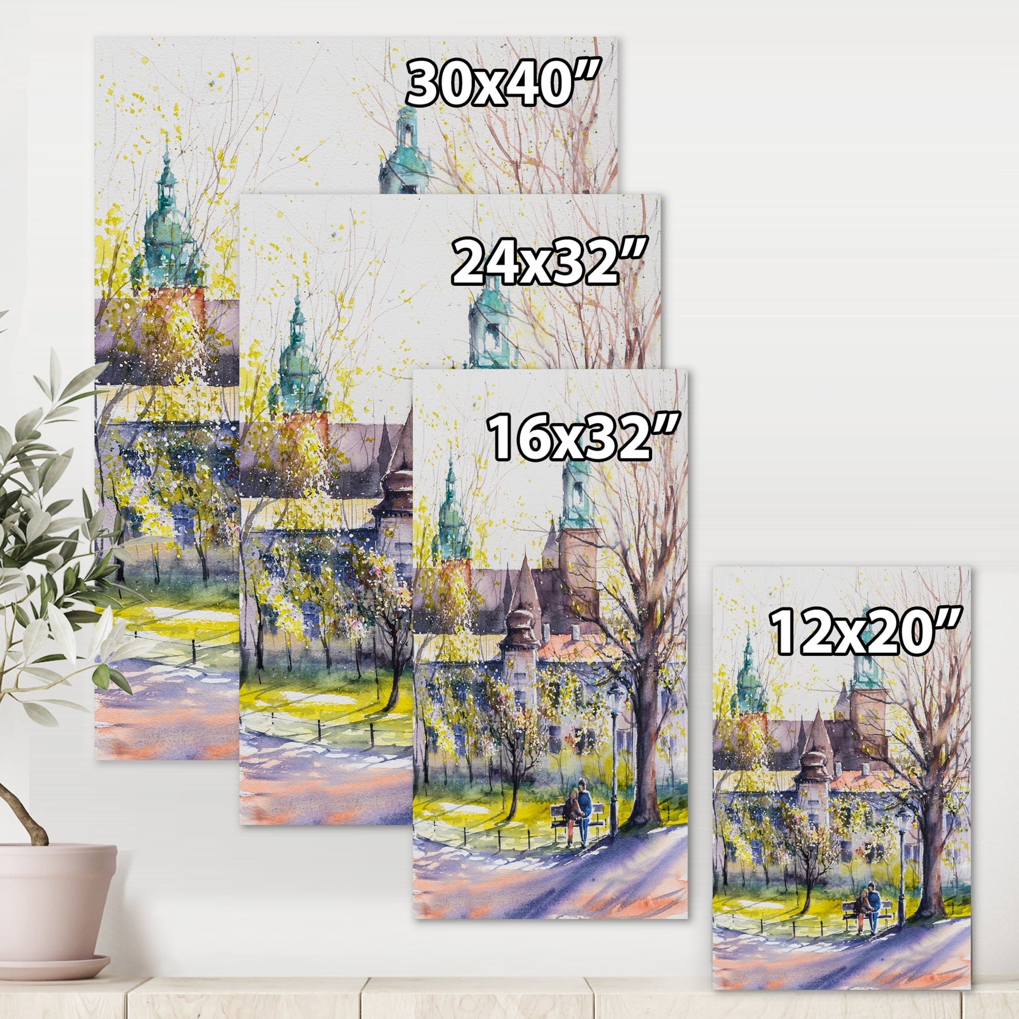 Castel Through The Trees of The Park With Couple Sitting on Bench 8 in x 12 in Painting Canvas Art Print, by Designart