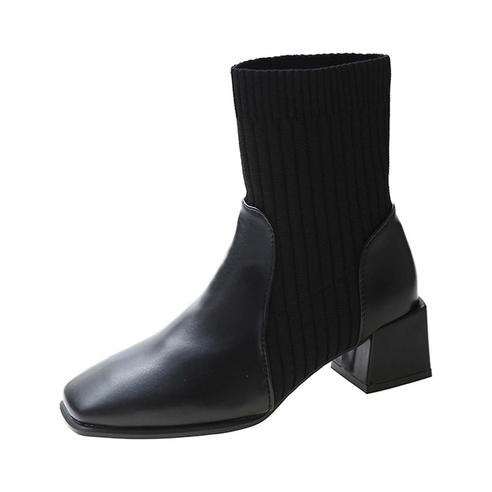 KIJBLAE Chunky High Heel Square Toe Knit Sock Patch Mid Calf Boots for Women Slip On Solid Fall Fashion Booties Black 36