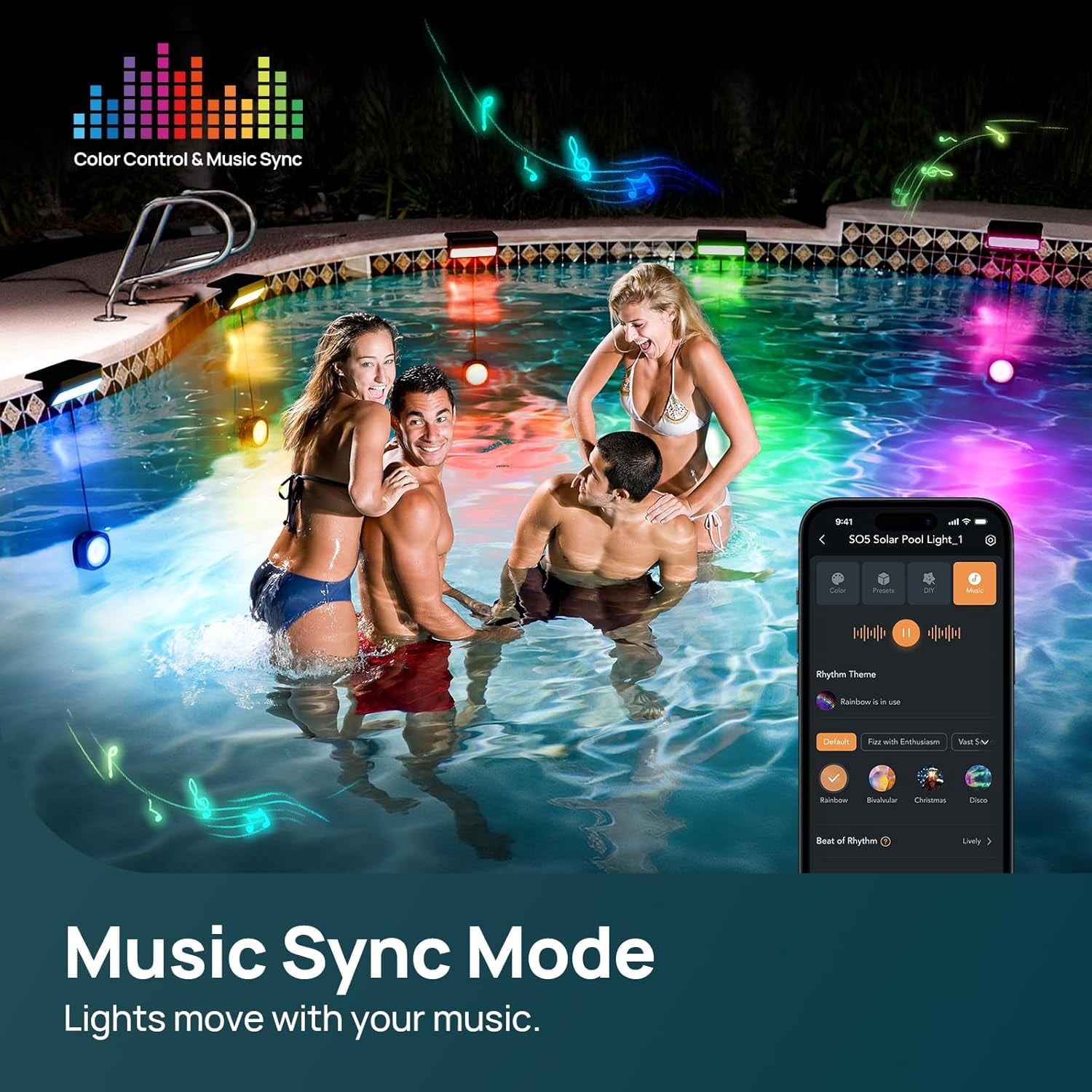 Linkind Smart Solar Pool Lights, RGBW LED with Dual-Zone App Control, IP68 Waterproof, Solar Powered for Inground & Above Ground Pools, Garden, Pond, Fence, 2-Pack