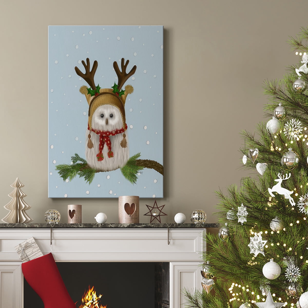 Christmas Fluffy Owl and Antlers- Gallery Wrapped Canvas