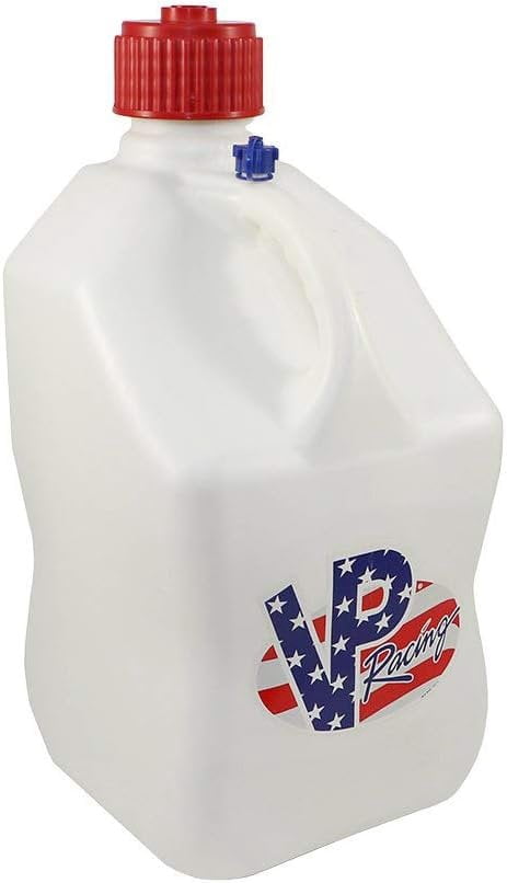 VP Racing 5.5 Gal. Square Patriotic Motorsport Container w/ 14 Inch Deluxe Filler Hose Close-Trimmed Cap and Neck for Tighter Seal
