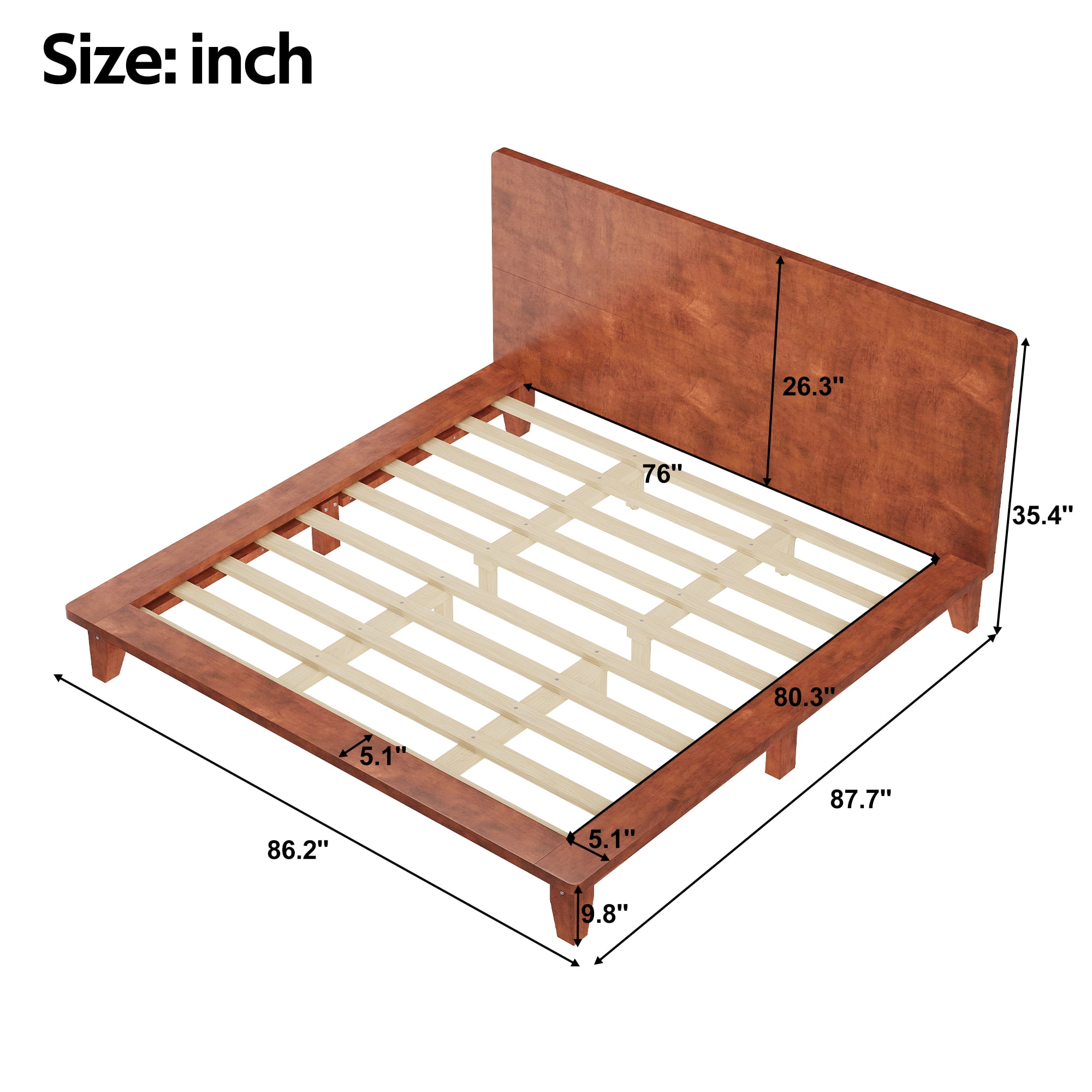 Mintazer King Size Platform Bed Frame with Headboard, Modern Bed with Slatted Support, No Box Spring Needed, Brown