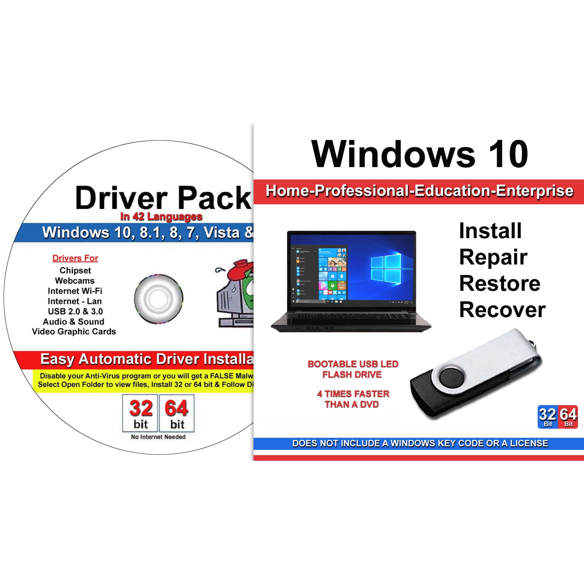 Windows 10 Home & Professional 32/64 Bit Install Repair Recover Restore USB Flash Drive For Legacy Bios Plus Drivers