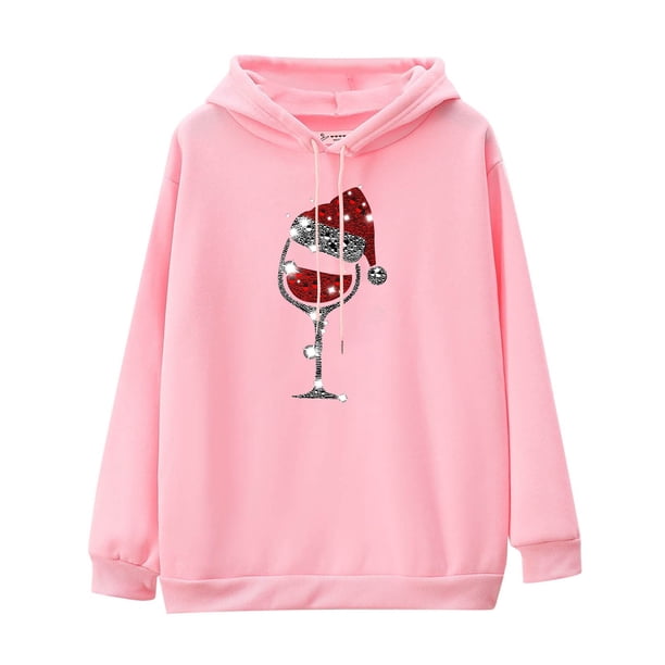 Sudadera con capucha Gibobby para Mujeres S de manga larga con estampado color sólido informal de Navidad Rosa M