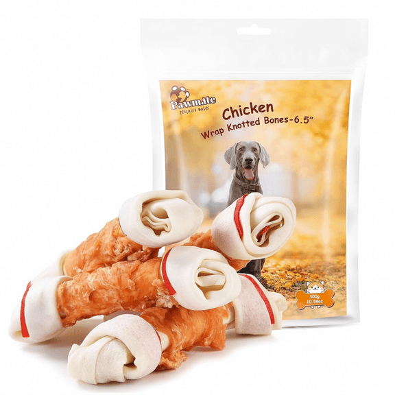 Pawmate Rawhide Dog Bone, Chicken Wrapped 6.5" Knotted Bones, Long-Lasting Chews for Medium and Large Dogs, 4 Count