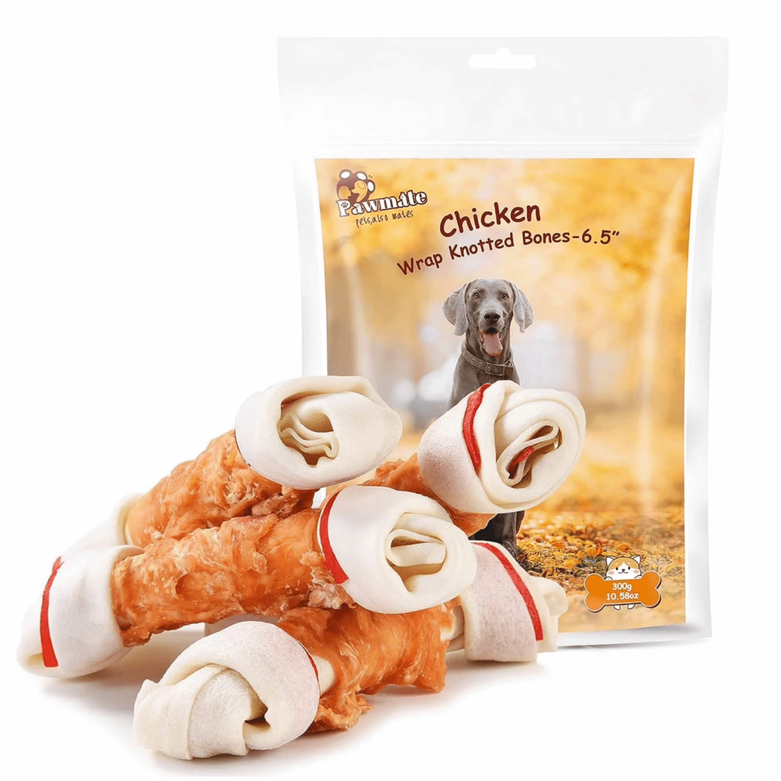 Pawmate Rawhide Dog Bone, Chicken Wrapped 6.5" Knotted Bones, Long-Lasting Chews for Medium and Large Dogs, 4 Count