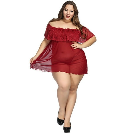Plus Size Nightdress for Women Sheer Mesh Lingerie Sexy Boat Collar Nightgown Lace Splicing Sleepwear Off Shoulder Nightwear See Through Erotic Babydoll