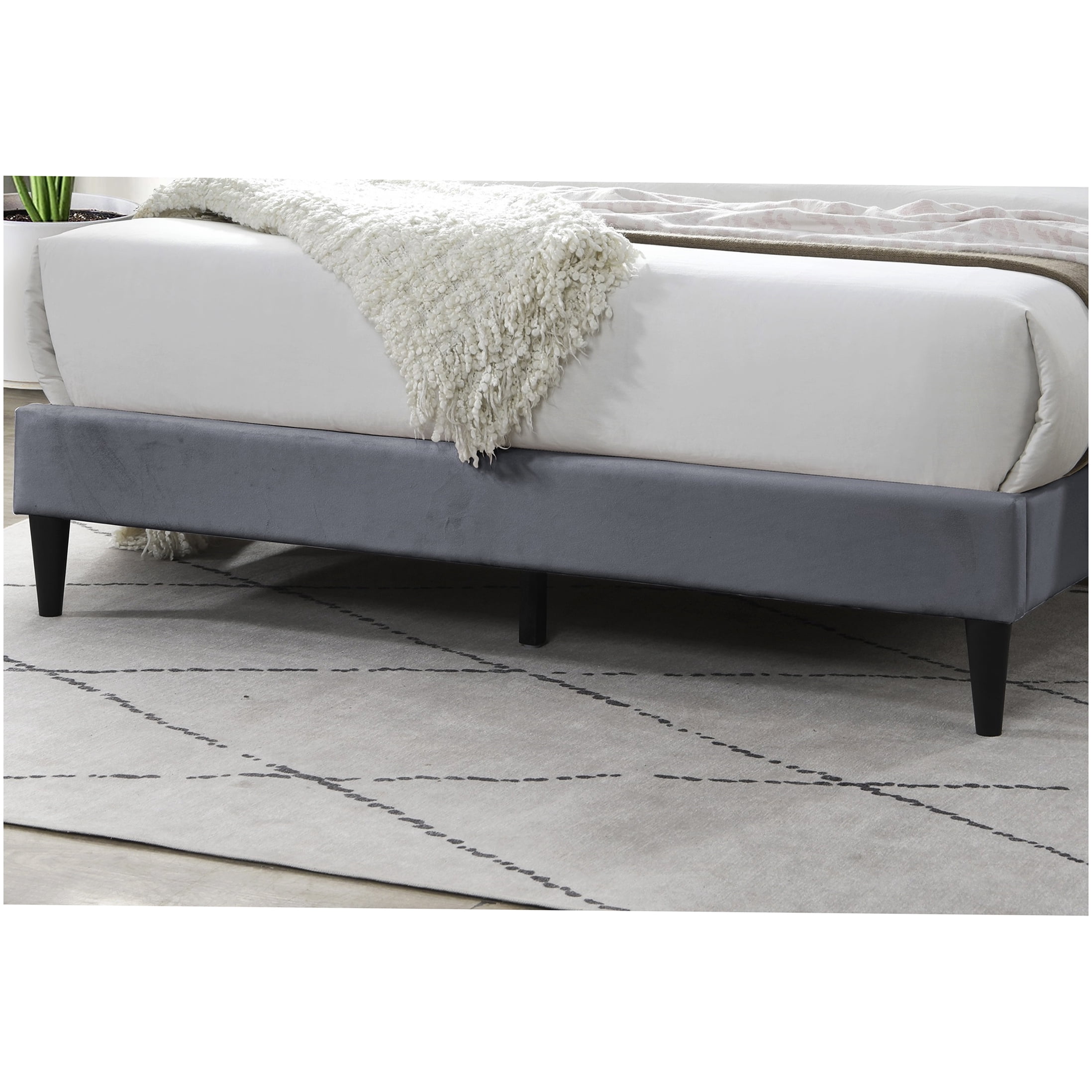 Modern Velvet Upholstered Bed Frame, Queen Platform Bed with Geometric Headboard, Grey Fabric Frame, No Box Spring Needed with Storage Space