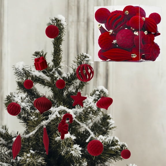 VOTRUDI 28 Piece Flocked Christmas Ornament Set, Red and Green Assorted Shape Xmas Tree Decorations with Balls, Stars & Candy Canes for Holiday