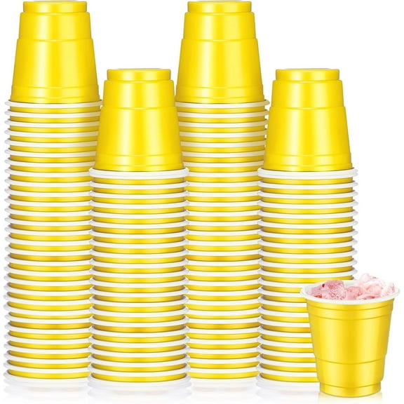 2 oz Disposable Shot Cups, 100 Pack Mini Plastic Party Cups for Wedding Halloween Thanksgiving Beer Tasting Snacks, Yellow