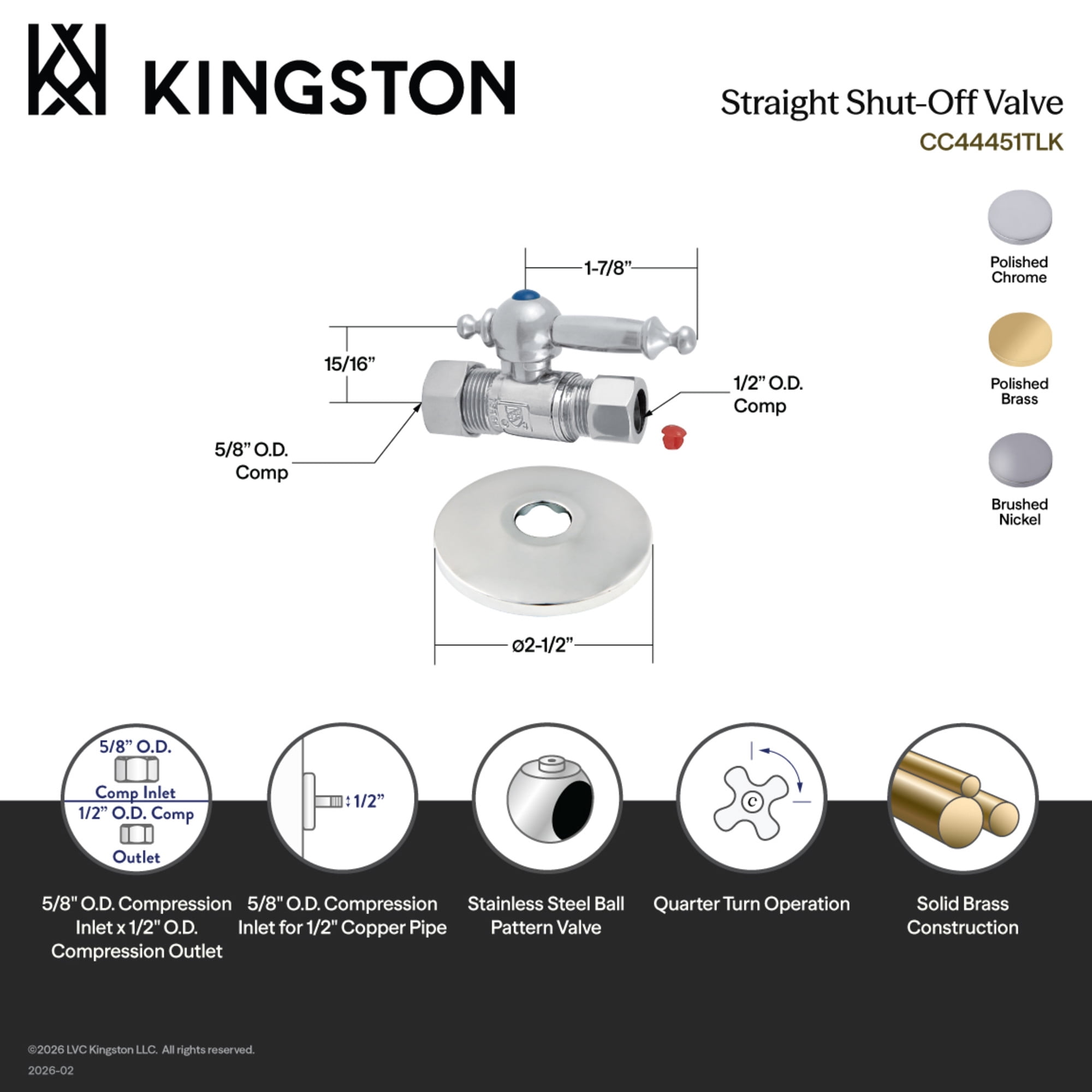 Kingston Brass CC44451TLK 5/8-Inch O.D. Comp x 1/2-Inch O.D. Comp Quarter-Turn Straight Shut-Off Valve with Flange in Polished Chrome