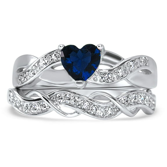 1 Carat Blue CZ Heart Cut Wedding Ring Set Simulated Sapphire Bridal Set Platinum Plated Sterling Silver for Women Size 8