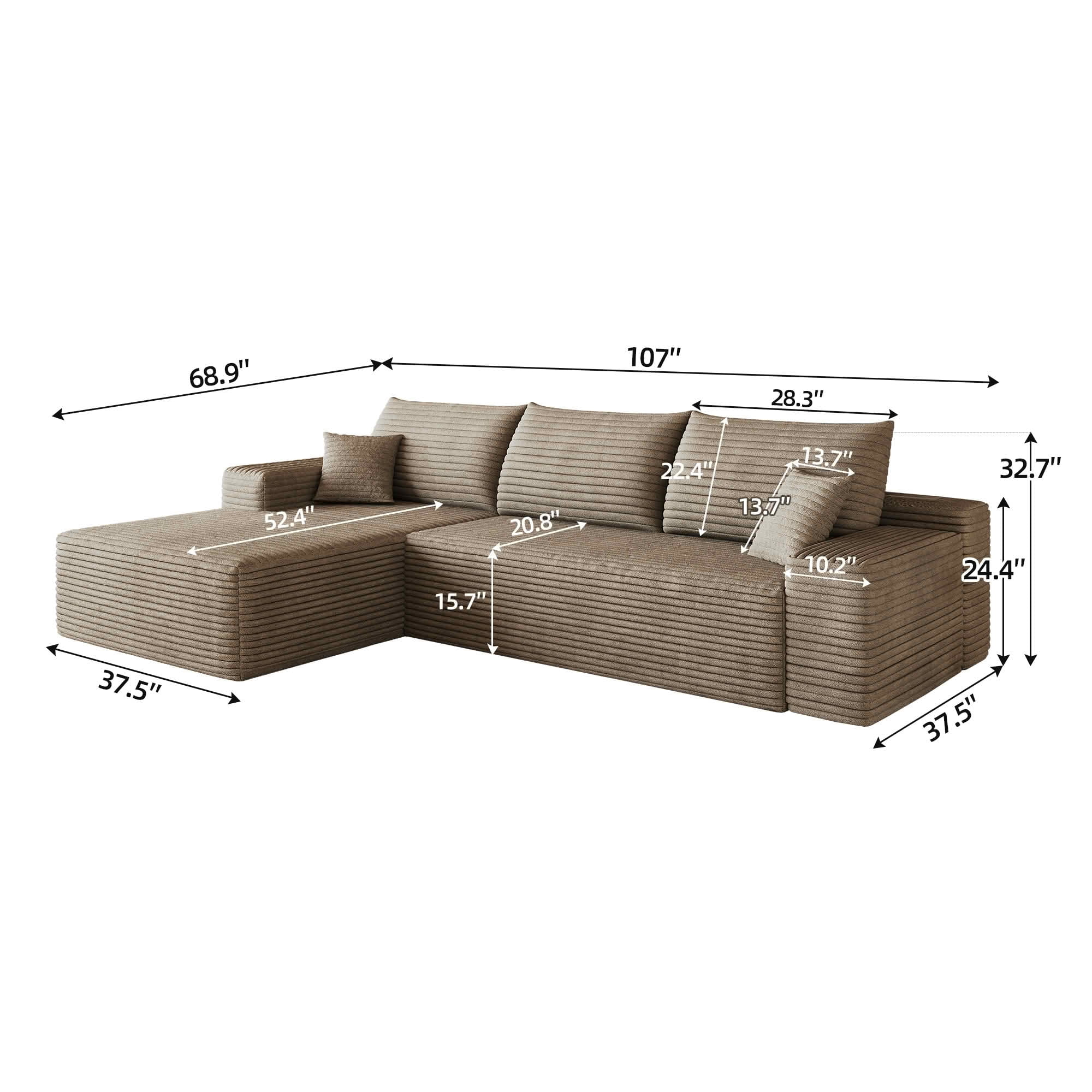 MAYEERTY 107-Inch Camel Plush Corduroy 3-Seat L-Shaped Cloud Modular Sectional Sofa, Deep Seat Couch with Chaise No Assembly Required
