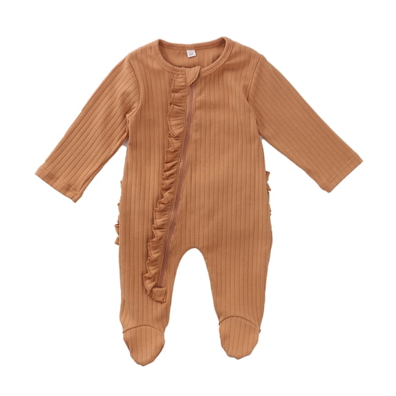 Franhais Newborn Infant One-piece Footed Pajamas Round Neck Zipper Footed Jumpsuit Solid Color Ruffle Nightclothes