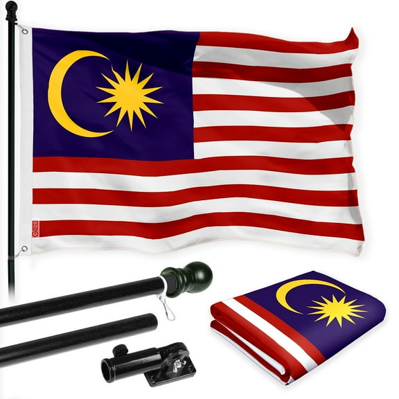 G128 Combo Pack: 6 Ft Tangle Free Spinning Flagpole (Black) & Malaysia Flag 3x5 Ft Printed 150D Polyester, Brass Grommets (Flag Included) Aluminum Flag Pole
