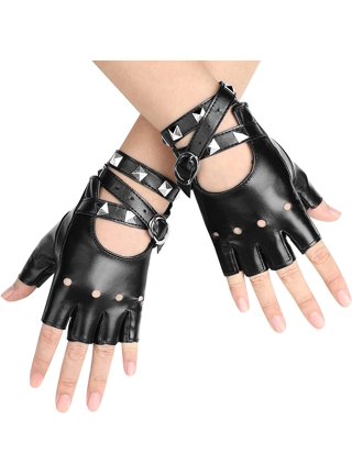 Fingerless Biker Jazz Gloves - 80s Style Gothic Red Faux Leather