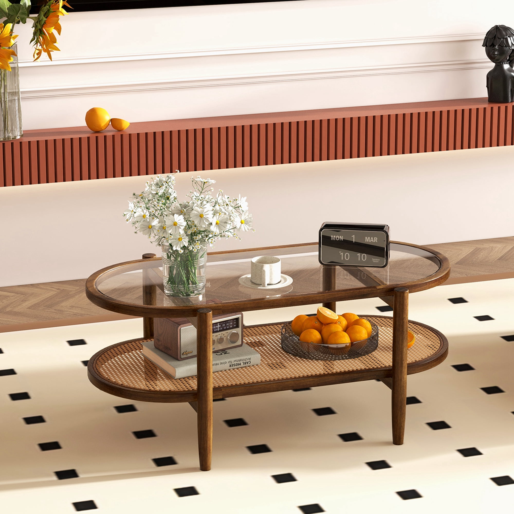 Costway 2-Tier Coffee Table Tempered Glass Top with PE Rattan Shelf & Acacia Wood Frame Brown