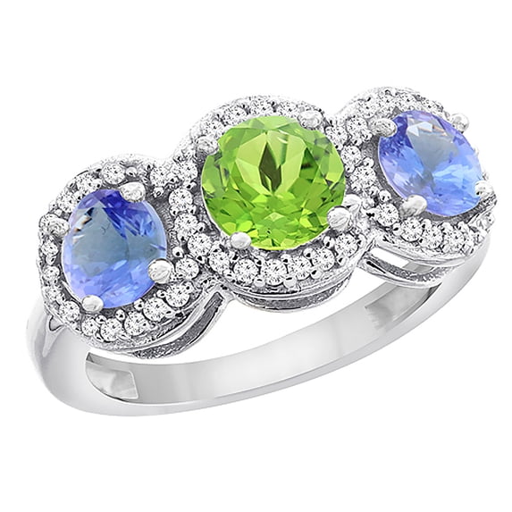 14K White Gold Natural Peridot & Tanzanite Sides Round 3-stone Ring Diamond Accents, size 6