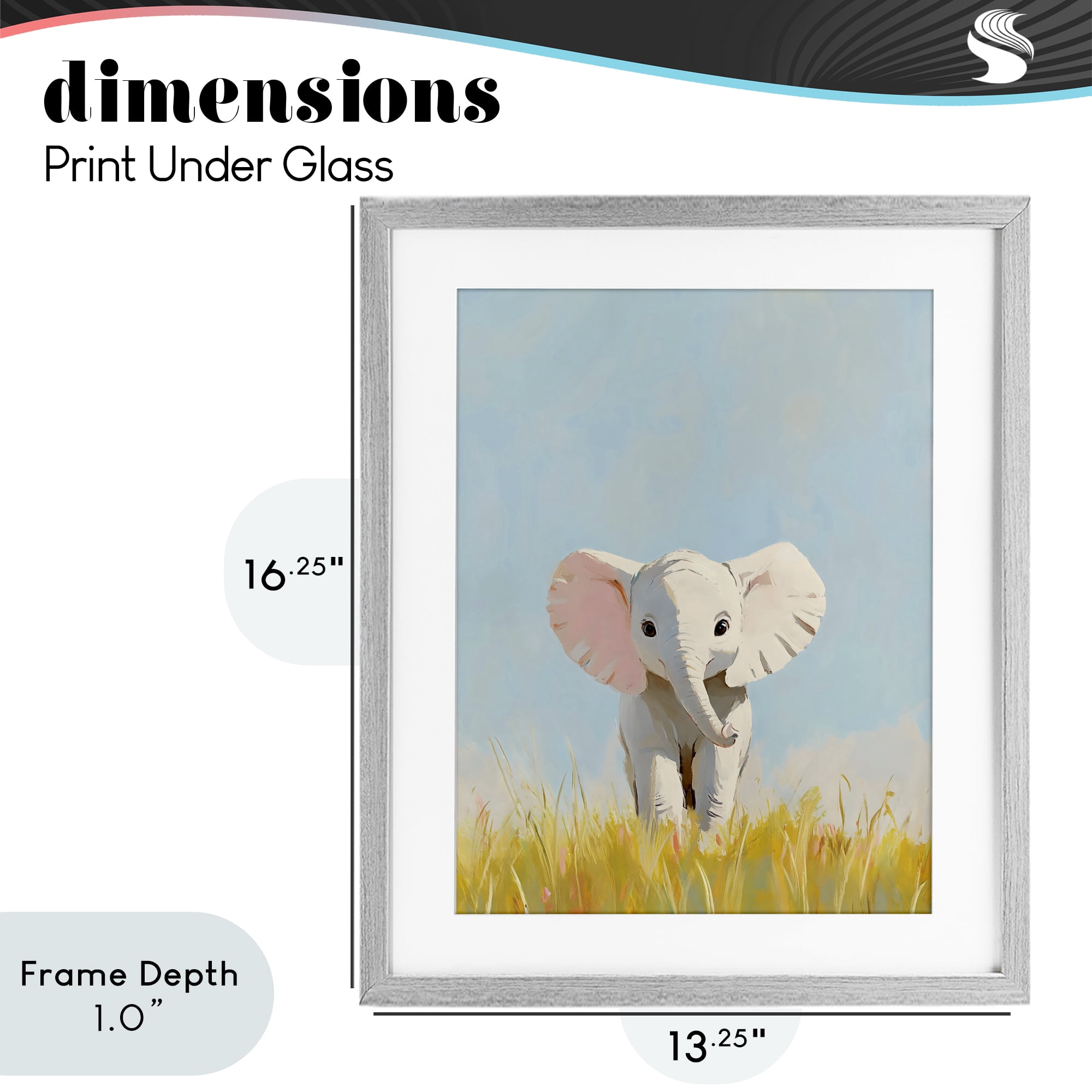 Stupell Industries White Baby Elephant in Grass Gray Framed Print Under Glass, design by The Prints Vibe
