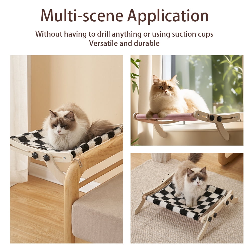 Adjustable Wooden Cat Hammock Bed, Dual-Use Window Perch & Radiator Bed for Indoor Cats, Sturdy Frame Holds Up 18kg, Detachable Washable Fabric Cat Bed for Kitten & Small Pets