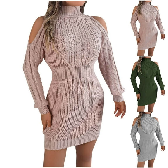 Antinious Women Knit Elegant Dresses Solid Color Long Sleeve High Neck Off Shoulder Lantern Sleeve Bodycon Sweater Dress,Fall Winter Savings!Birthday Dresses for Women,Women Party Dress,Army Green,S