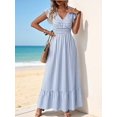 thumbnail image 4 of Blue And White Striped V-Neck Cinched Waist Maxi Shirt Dress With Ruffle Sleeves For Summer Casual Wear, 4 of 7